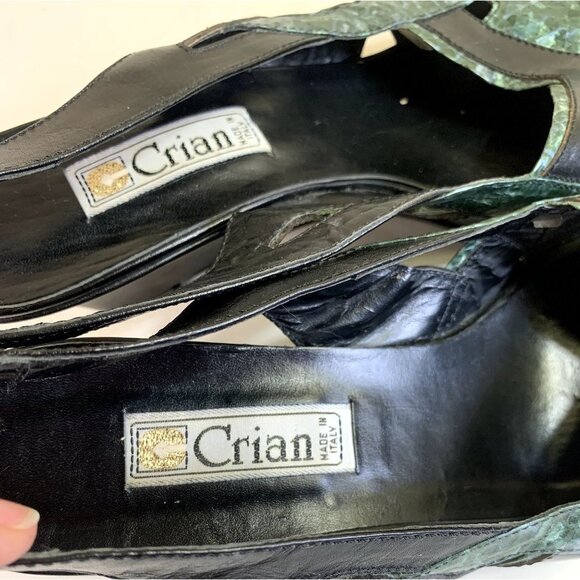 Vintage 70s Pointed Toe Slingback SnakeSkin Wedge Shoe Black Green Women's 38/7 - Picture 8 of 9